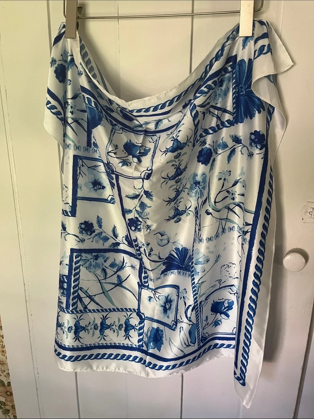 Anthropologie Blue and White Floral Silk Scarf